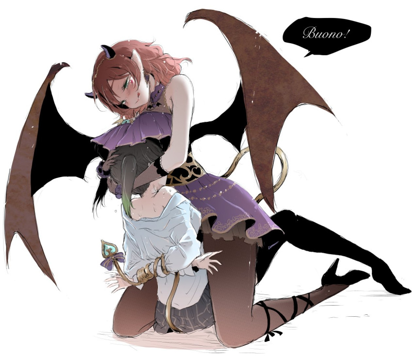 2girls :p alternate_costume arms_behind_back ast black_hair black_legwear black_skirt blue_shirt blush brown_legwear commentary commentary_request demon_girl demon_horns demon_tail demon_wings emma_verde facial_tattoo full_body green_eyes green_hair heart heart_tattoo horns italian_text kneeling looking_at_another love_live! love_live!_nijigasaki_high_school_idol_club multicolored_hair multiple_girls pantyhose plaid plaid_skirt pointy_ears redhead restrained shirt short_hair simple_background skirt speech_bubble tail takasaki_yuu tattoo thigh-highs tongue tongue_out twintails two-tone_hair white_background wings yuri
