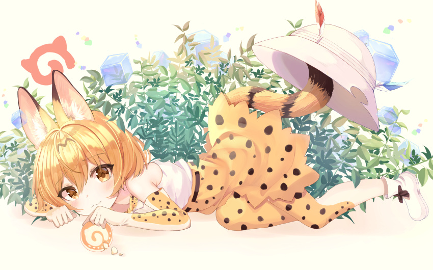 1girl :3 absurdres animal_ears blush brown_eyes bucket_hat closed_mouth elbow_gloves eyebrows_visible_through_hair gloves hat highres japari_symbol kemono_friends kemono_friends_3 looking_at_viewer orange_hair orange_skirt serval_(kemono_friends) serval_ears serval_girl serval_tail short_hair skirt smile solo tail thigh-highs yongyong_(yongyong7578)