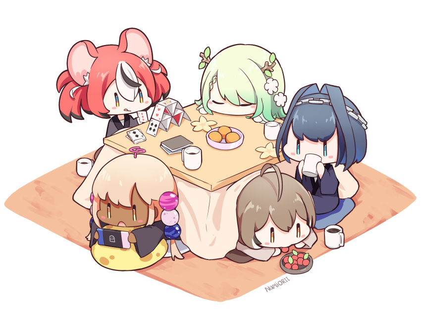 5girls ahoge among_us animal_ears artist_name berry black_hair blonde_hair blue_eyes blue_hair brown_hair card ceres_fauna chain chibi closed_eyes crewmate_(among_us) cup drinking food fruit green_hair hair_between_eyes hakos_baelz highres holding holding_cup hololive hololive_english kotatsu lying mouse_ears mouse_girl multicolored_hair multiple_girls namii_(namialus_m) nanashi_mumei on_stomach open_mouth orange_(fruit) ouro_kronii pillow redhead simple_background sitting streaked_hair switch table tongue tongue_out tsukumo_sana twintails watermark white_background white_hair