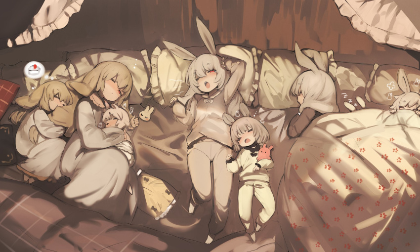 6+girls animal_ears arm_up barefoot bed brown_hair closed_eyes closed_mouth commentary dress frilled_pillow frills grey_dress grey_hair grey_pajamas grey_pants grey_shirt half-closed_eye highres long_hair long_sleeves lying multiple_girls nightgown object_hug on_back on_side one_eye_closed open_mouth original pajamas pants pillow puffy_long_sleeves puffy_sleeves rabbit_ears red_eyes shirokujira shirt sleeping sleeves_past_wrists spoken_food stuffed_animal stuffed_octopus stuffed_toy symbol_commentary thought_bubble under_covers upper_teeth white_dress white_pajamas white_pants white_shirt yawning zzz