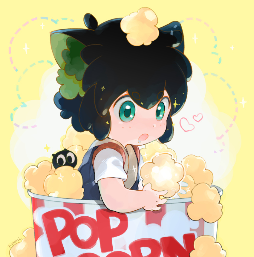 1boy animal_ears aqua_eyes black_hair cat_ears drooling food fujisawa_machi heart highres luoxiaohei open_mouth oversized_food popcorn short_hair short_sleeves signature solo sparkle the_legend_of_luo_xiaohei