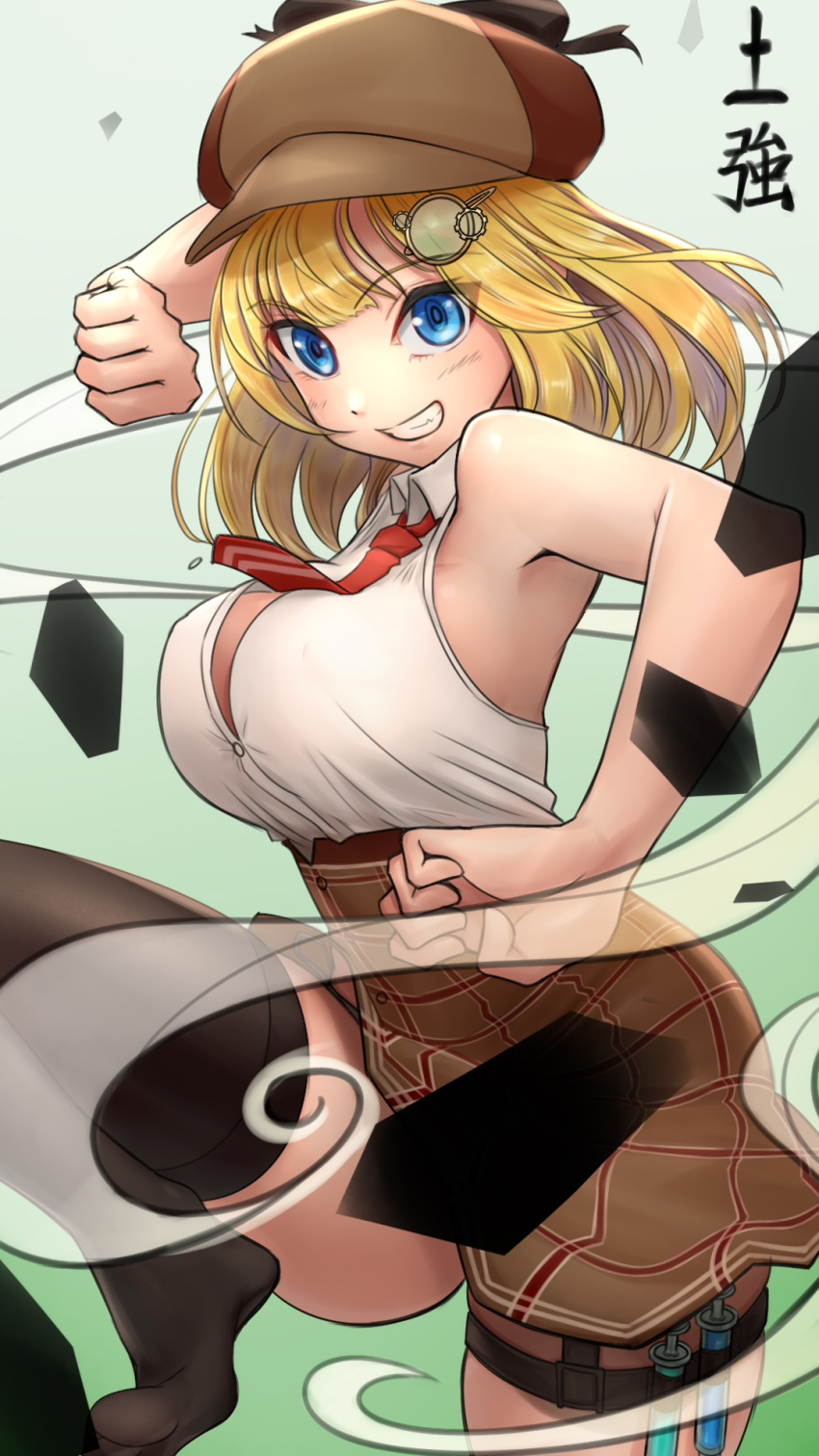 1girl blonde_hair blue_eyes breasts deerstalker detective hair_ornament hat highres hololive hololive_english holomyth kneehighs looking_at_viewer medium_breasts mini_necktie monocle_hair_ornament skirt sleeveless solo somebody_(leiking00) syringe_holster thighs virtual_youtuber watson_amelia