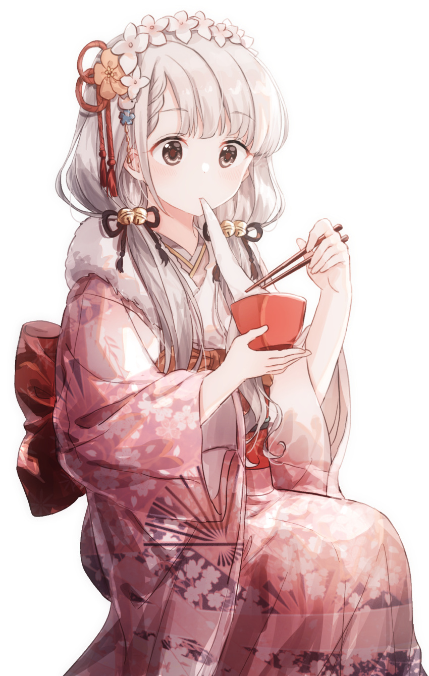 1girl bowl braid chopsticks eating eyebrows_visible_through_hair flower gocoli grey_eyes grey_hair hair_flower hair_ornament highres hisakawa_nagi holding holding_bowl idolmaster idolmaster_cinderella_girls japanese_clothes kimono long_hair mochi pink_kimono silver_hair simple_background single_braid sitting solo twintails white_background white_hair