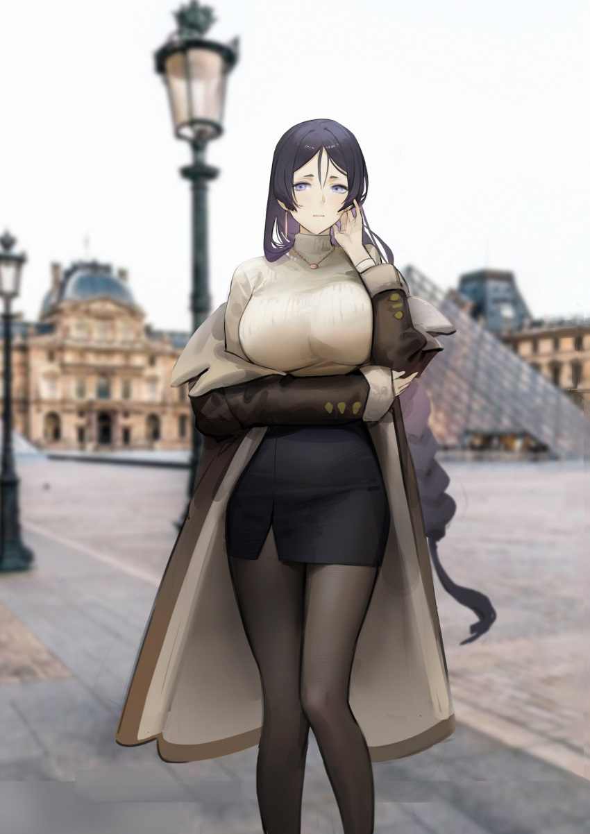 1girl absurdres bangs blue_eyes breasts dokshuri earrings fate/grand_order fate_(series) highres jewelry large_breasts louvre_pyramid minamoto_no_raikou_(fate/grand_order) necklace pantyhose public skirt sweater turtleneck turtleneck_sweater