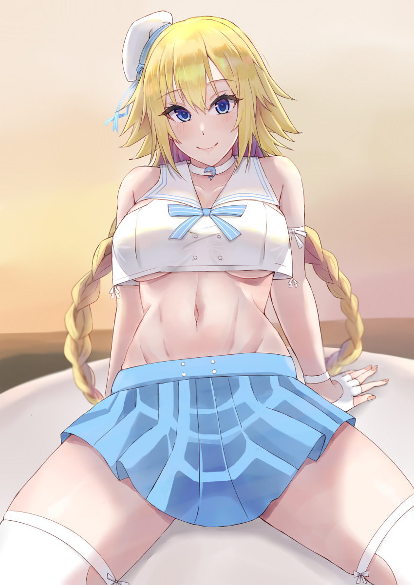 1girl bangs bare_shoulders beret blonde_hair blue_eyes blue_skirt blush braid breasts choker closed_mouth crop_top crop_top_overhang fate/apocrypha fate/grand_order fate_(series) gloves hat highres jeanne_d'arc_(fate) jeanne_d'arc_(fate)_(all) large_breasts leaning_back loli_hooker long_hair looking_at_viewer midriff mystery_treasure navel sailor_collar sitting skirt smile thigh-highs thighs twin_braids very_long_hair white_gloves white_legwear