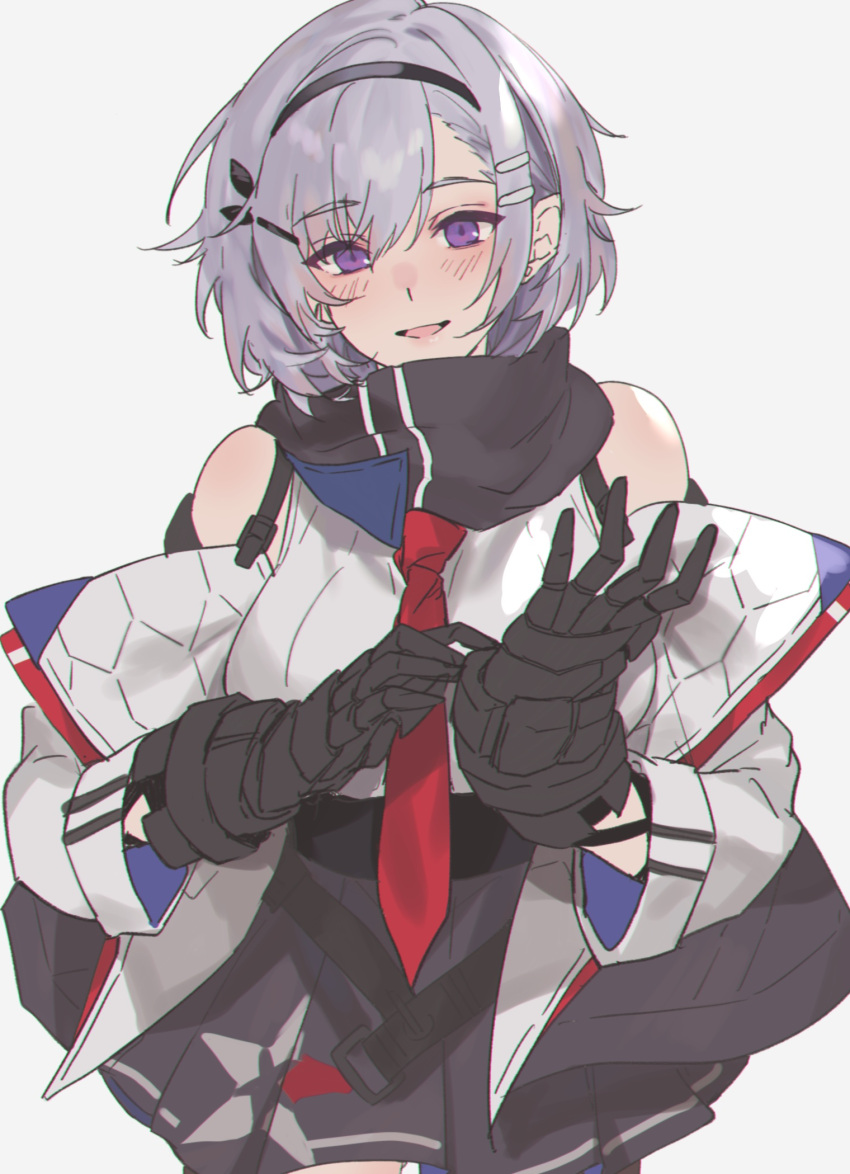 1girl aogisa azur_lane bangs black_hairband black_scarf black_skirt detached_sleeves eyebrows_visible_through_hair grey_background hair_ornament hairband hairclip highres metal_gloves necktie pleated_skirt red_neckwear reno_(azur_lane) scarf shirt short_hair silver_hair simple_background skirt sleeveless sleeveless_shirt smile solo violet_eyes white_shirt