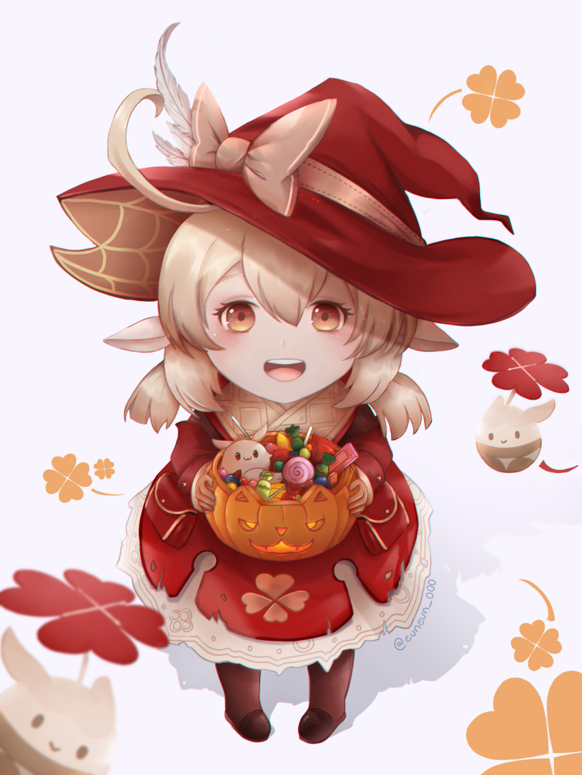 1girl :3 :d absurdres ahoge bangs boots candy dress eun_(eunice) food genshin_impact hair_between_eyes hat hat_feather highres holding holding_food holding_pumpkin holding_vegetable klee_(genshin_impact) knee_boots lollipop long_sleeves looking_at_viewer low_twintails open_mouth pointy_ears pumpkin red_dress red_eyes red_headwear silk smile spider_web trick_or_treat twintails vegetable white_feathers witch_hat