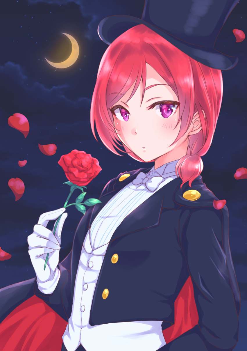 1girl absurdres bangs black_headwear black_jacket blush crescent_moon crossdressinging flower gloves hair_between_eyes hat highres holding holding_flower jacket kobayashi_nyoromichi long_sleeves looking_at_viewer love_live! love_live!_school_idol_project moon night nishikino_maki open_clothes open_jacket outdoors parted_lips red_flower red_rose redhead rose shiny shiny_hair shirt short_hair sky solo star_(sky) starry_sky tied_hair upper_body violet_eyes white_gloves white_neckwear white_shirt