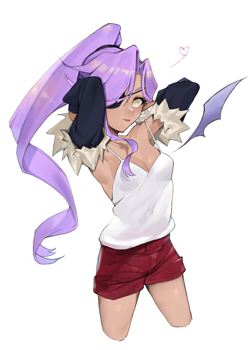 1girl absurdres arms_up bare_shoulders black_eyepatch commission detached_wings eyepatch fur_trim heart highres long_hair long_ponytail original ponytail purple_hair simple_background single_wing skeb_commission solo tongue tongue_out unchiganiowanai white_background wings yellow_eyes