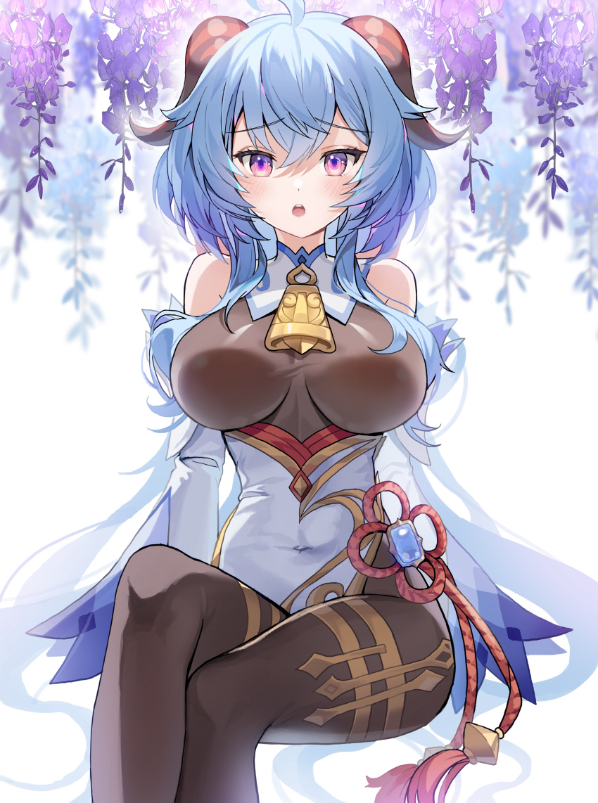 1girl :o absurdres ahoge bangs bare_shoulders bell blue_hair blush bodysuit breasts covered_navel crossed_bangs crossed_legs detached_sleeves eyebrows_visible_through_hair ganyu_(genshin_impact) genshin_impact goat_horns highres horns hyoin large_breasts long_hair long_sleeves looking_at_viewer open_mouth sitting solo violet_eyes