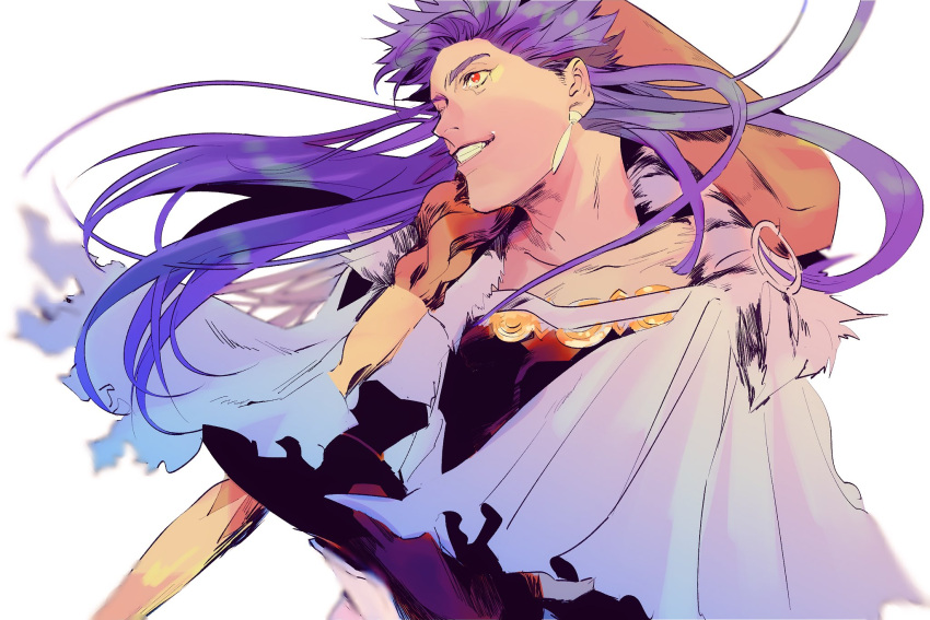 1boy blue_hair capelet cu_chulainn_(fate)_(all) cu_chulainn_(fate/grand_order) earrings fate/grand_order fate_(series) fur-trimmed_hood fur_trim hair_down highres hood hooded_capelet jewelry lancer long_hair male_focus red_eyes smile solo toy_(toy084) wooden_staff