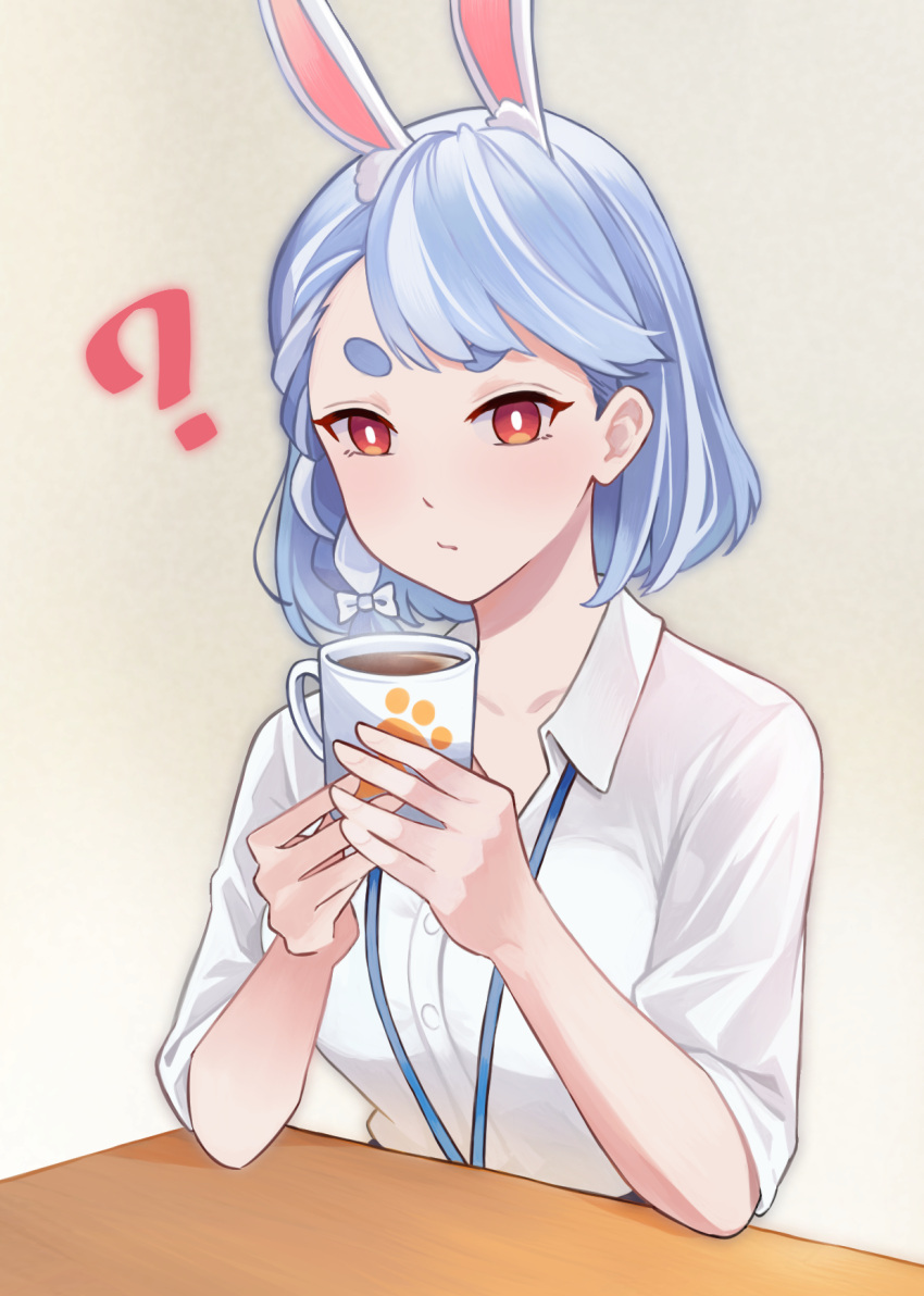 1girl ? animal_ears beige_background blue_hair braid breasts bright_pupils coffee coffee_mug cup dress_shirt highres holding holding_cup hololive id_card lanyard looking_at_viewer medium_breasts mug nuebunny office_lady pekomama rabbit_ears red_eyes shirt short_braid side_braid sitting solo steam table white_pupils white_shirt