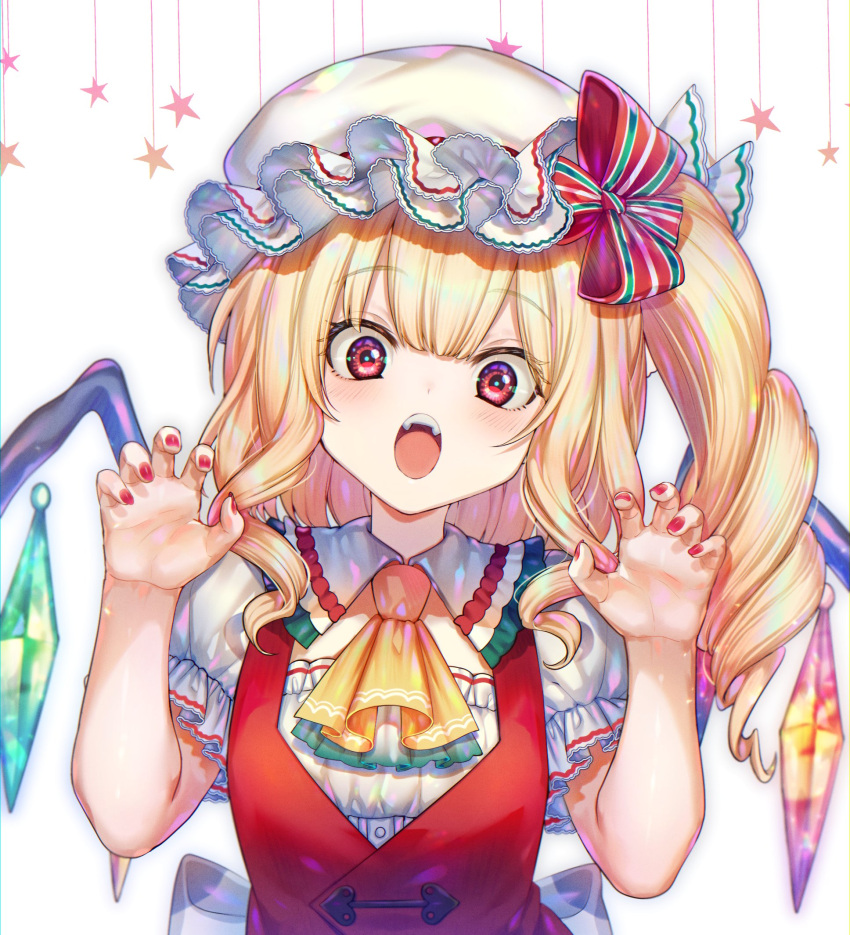1girl ascot bangs blonde_hair blouse blush bow claw_pose cleavage_cutout clothing_cutout commentary crystal curly_hair embellished_costume flandre_scarlet frilled_hat frilled_neckwear frilled_shirt_collar frilled_sleeves frills hair_ribbon hand_up hat here_(hr_rz_ggg) highres juliet_sleeves long_sleeves looking_at_viewer medium_hair multicolored multicolored_ribbon nail_polish open_mouth ponytail puffy_sleeves raised_eyebrows red_eyes red_nails red_ribbon red_vest ribbon sash shirt side_ponytail sidelocks simple_background solo star_(symbol) symbol_commentary touhou vest white_background white_blouse white_bow white_sash white_shirt wings yellow_neckwear