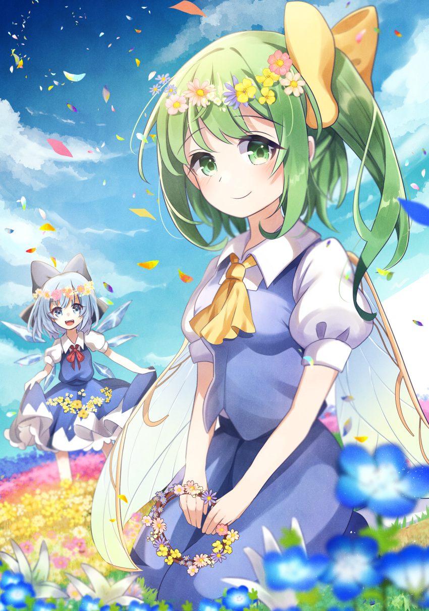 2girls absurdres ametama_(runarunaruta5656) blue_skirt blue_vest blush bow cirno closed_mouth collared_shirt commentary daiyousei fairy fairy_wings field flower flower_field full_body green_eyes green_hair hair_bow highres looking_at_viewer medium_hair medium_skirt multiple_girls nature outdoors puffy_short_sleeves puffy_sleeves seiza shirt short_sleeves side_ponytail sitting skirt skirt_hold skirt_set smile solo_focus touhou vest white_shirt wing_collar wings wreath