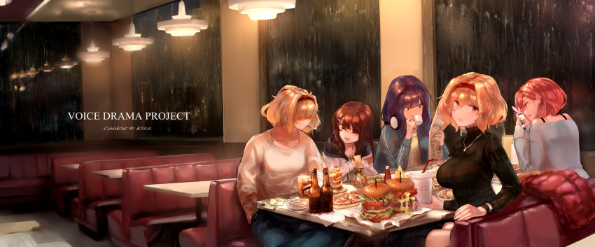 alcohol alice_margatroid alternate_costume ashtray bangs beer black_sweater blonde_hair blue_jacket blue_pants booth bread breasts brown_eyes brown_hair cheese cherry_pie cigarette closed_mouth coat coat_removed coca-cola coffee coin collarbone commentary_request cookie_(touhou) cup denim diner drinking eating english_text eyebrows_visible_through_hair eyes_visible_through_hair fang fine_art_parody food french_fries green_shirt grey_sweater hair_between_eyes hair_ornament hairband hairpin hamburger hand_in_pocket headphones headphones_around_neck highres hinase_(cookie) holding holding_cup holding_food holding_newspaper holding_phone ichigo_(cookie) indoors jacket jeans jewelry jigen_(cookie) ketchup ketchup_bottle lamp large_breasts lettuce long_hair long_sleeves looking_at_another looking_at_viewer looking_to_the_side medium_breasts megafaiarou_(talonflame_810) money mustard mustard_bottle necklace newspaper night nighthawks onion_rings open_mouth pants parody patchouli_knowledge phone pizza purple_hair rain reading red_hairband reflection sakuranbou_(cookie) sandwich shirt short_hair short_sleeves sitting smoking sweater t-shirt table taisa_(cookie) taking_picture tomato touhou track_suit turtleneck turtleneck_sweater upper_body violet_eyes white_jacket white_shirt