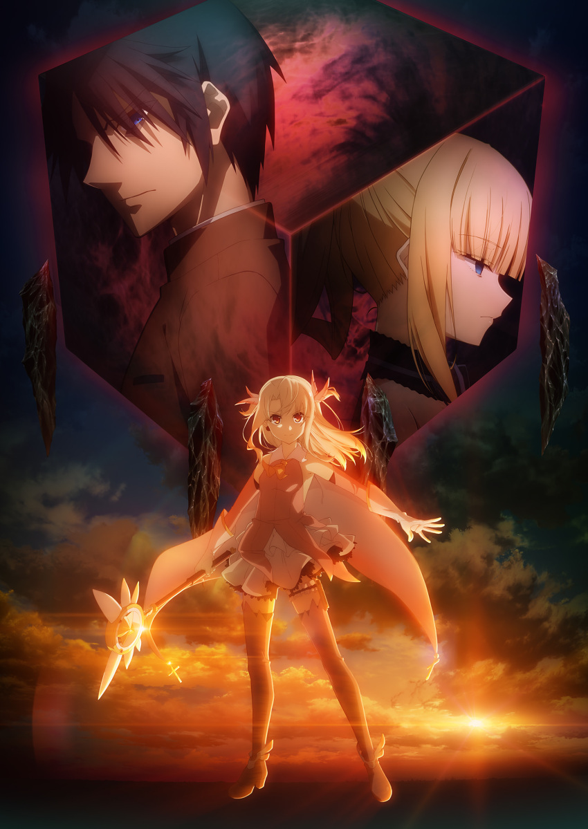 1boy 2girls blonde_hair blue_eyes boots capelet clouds cloudy_sky dress erica_ainsworth eyebrows_visible_through_hair fate/kaleid_liner_prisma_illya fate_(series) gloves highres homurahara_academy_uniform horizon illyasviel_von_einzbern julian_ainsworth kaleidostick key_visual long_hair looking_at_viewer magical_girl magical_ruby miniskirt multiple_girls official_art prisma_illya red_eyes skirt sky sleeveless sleeveless_dress sunset thigh-highs thigh_boots