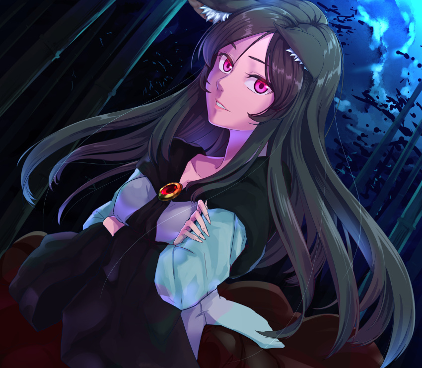1girl animal_ears arms_under_breasts bamboo bamboo_forest breasts brooch brown_hair collarbone crossed_arms dress eyebrows_visible_through_hair fingernails forest highres imaizumi_kagerou jewelry long_fingernails long_hair long_sleeves looking_at_viewer medium_breasts nature night outdoors red_eyes solo tenamaru touhou white_dress wolf_ears