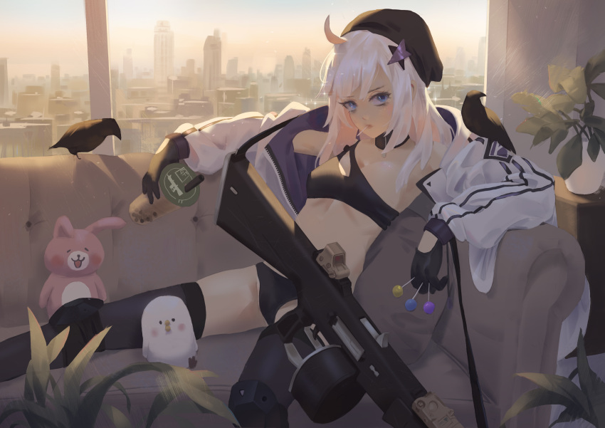 1girl aa-12 aa-12_(girls_frontline) absurdres beret bird black_choker black_gloves black_headwear black_legwear black_panties black_tank_top blue_eyes candy choker cirilla city closed_mouth cup eyebrows_visible_through_hair food girls_frontline gloves gun hair_ornament hat highres holding holding_candy holding_cup holding_food holding_lollipop jacket lollipop long_hair looking_at_viewer open_clothes open_jacket panties partially_fingerless_gloves shotgun silver_hair sitting solo star_(symbol) star_hair_ornament tank_top thigh-highs toy underwear weapon white_hair white_jacket