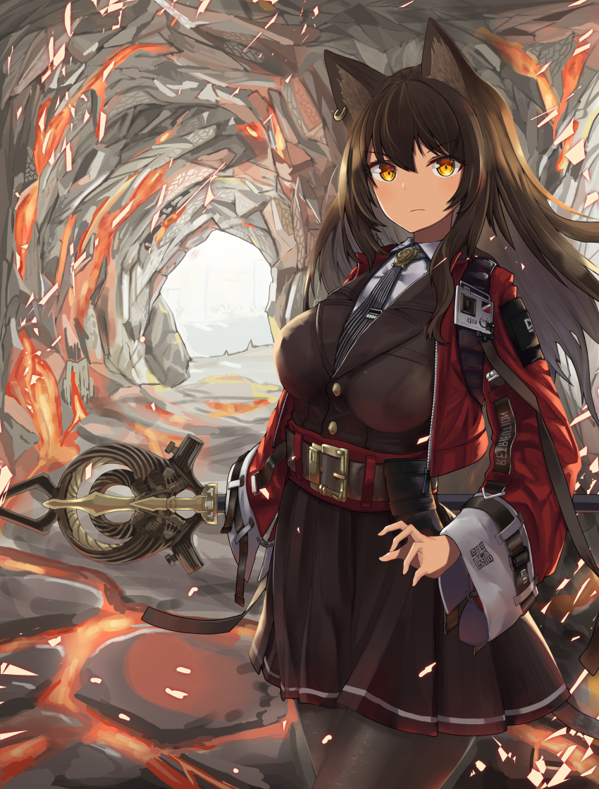 1girl absurdres animal_ears arknights belt black_legwear black_neckwear black_skirt breasts brown_hair cat_ears cave closed_mouth collared_shirt commentary cowboy_shot cropped_jacket earrings eyebrows_visible_through_hair fire hair_between_eyes highres holding holding_staff jacket jewelry long_hair looking_at_viewer medium_breasts nanamilem necktie open_clothes open_jacket orange_eyes pantyhose qr_code red_jacket shirt skirt skyfire_(arknights) solo staff striped striped_neckwear white_shirt