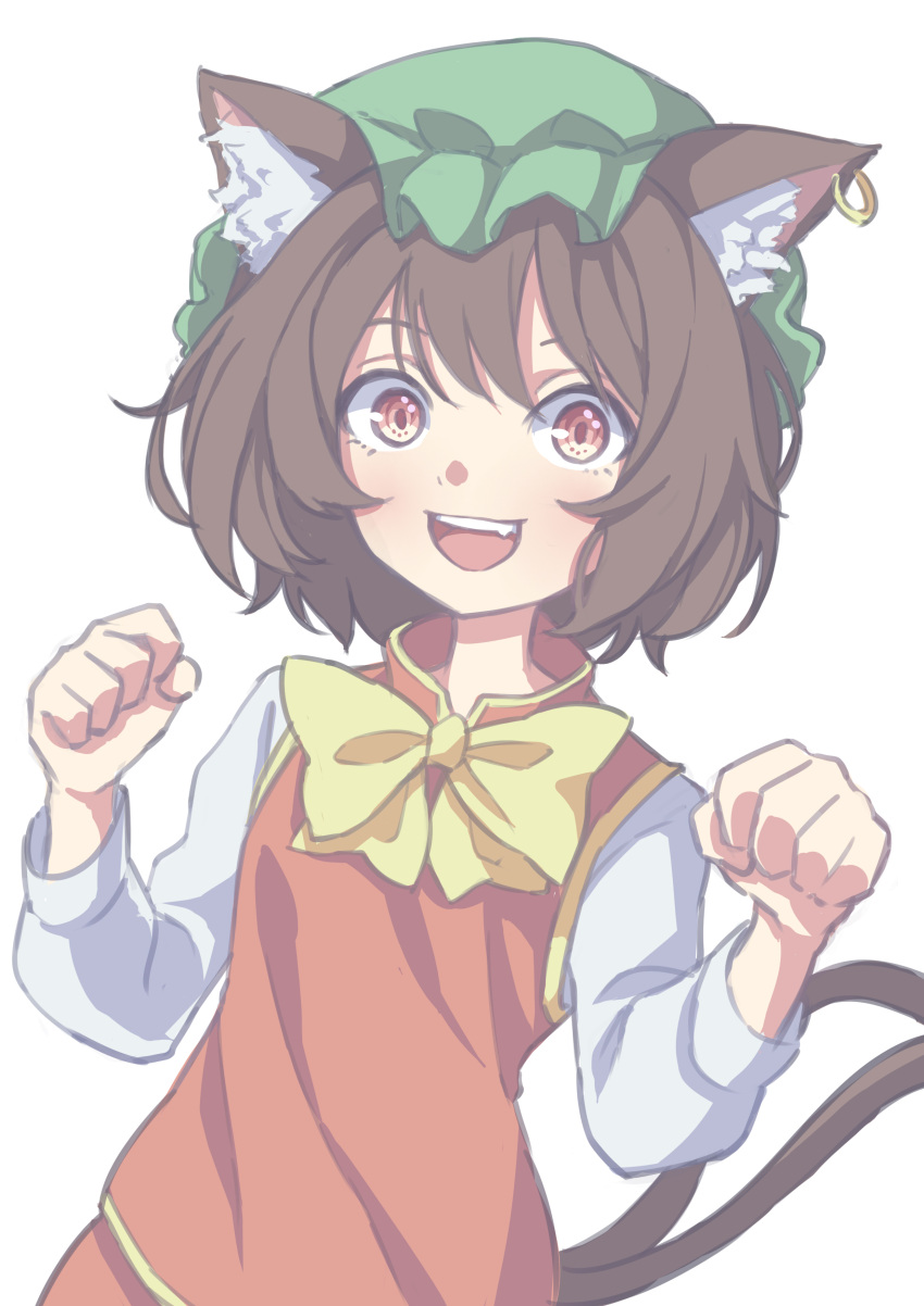 1girl :d absurdres animal_ear_fluff animal_ears blush bow bowtie brown_hair cat_ears cat_tail chen commentary_request dress eyebrows_behind_hair fang flat_chest gold_trim green_headwear hair_between_eyes hat highres jewelry kame_(kamepan44231) long_sleeves mob_cap multiple_tails nekomata open_mouth paw_pose red_dress red_eyes shirt short_hair simple_background single_earring smile solo tail touhou two_tails upper_body white_background white_shirt yellow_bow yellow_neckwear