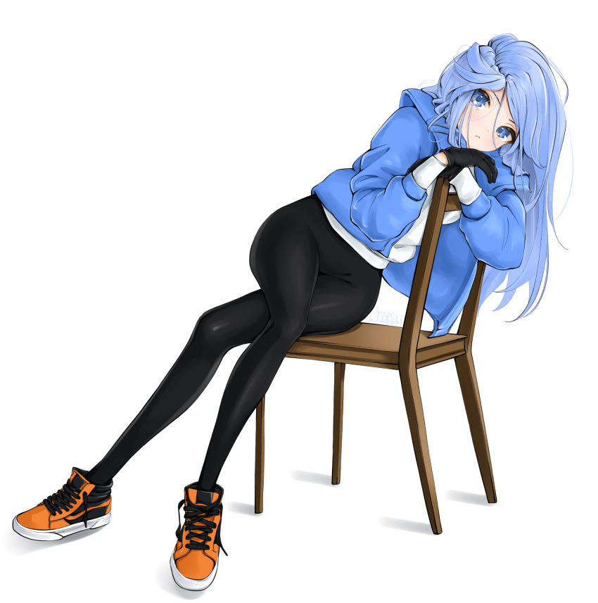 1girl black_gloves black_legwear blue_eyes blue_jacket chaesu chair crossed_legs full_body gloves highres hood hood_down hooded_jacket jacket leggings long_hair messy_hair minah_(chaesu) orange_footwear original shoes sitting sneakers solo sweater white_background white_sweater