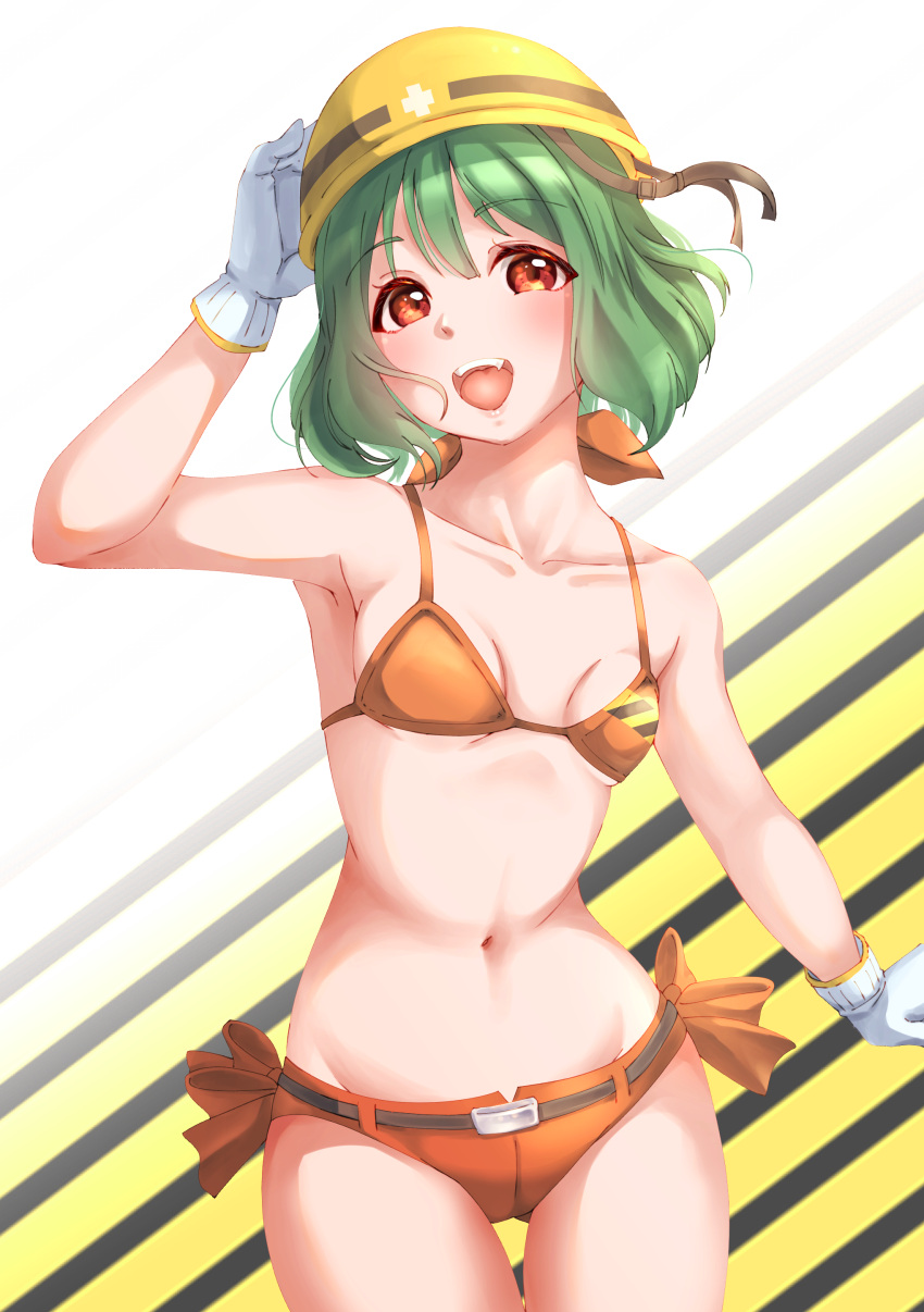 1girl absurdres arm_up ass_visible_through_thighs bow bra breasts character_request collarbone cowboy_shot gloves gradient gradient_background green_hair highres kobayashi_nyoromichi looking_at_viewer micro_shorts navel orange_bow orange_bra orange_shorts shiny shiny_hair short_hair shorts sideboob small_breasts solo standing striped striped_background thigh_gap under_boob underwear white_gloves yellow_headwear
