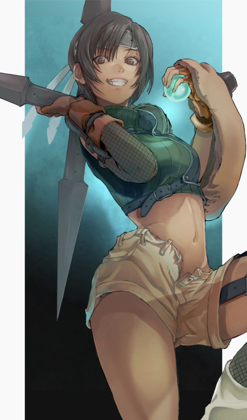 1girl aqua_background armor bangs black_background black_hair breasts brown_eyes commentary crop_top cropped_sweater final_fantasy final_fantasy_vii fingerless_gloves fishnets from_below gauss_&lt;bokashi gloves gradient gradient_background grin headband highres holding holding_weapon huge_weapon knee_up looking_at_viewer looking_down materia midriff navel open_fly outside_border ribbed_sweater short_hair shorts shuriken sleeveless sleeveless_sweater sleeveless_turtleneck smile solo sweater teeth turtleneck turtleneck_sweater unzipped weapon yuffie_kisaragi