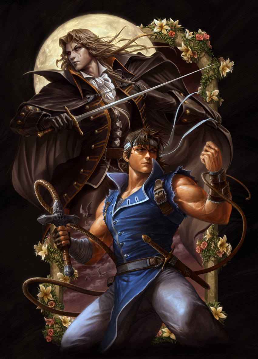 2boys absurdres alucard_(castlevania) bat biceps black_background blonde_hair castlevania castlevania:_rondo_of_blood castlevania:_symphony_of_the_night coat dave_rapoza flower highres long_hair looking_to_the_side moon multiple_boys pale_skin pose richter_belmont serious sword torn_clothes torn_sleeves weapon whip