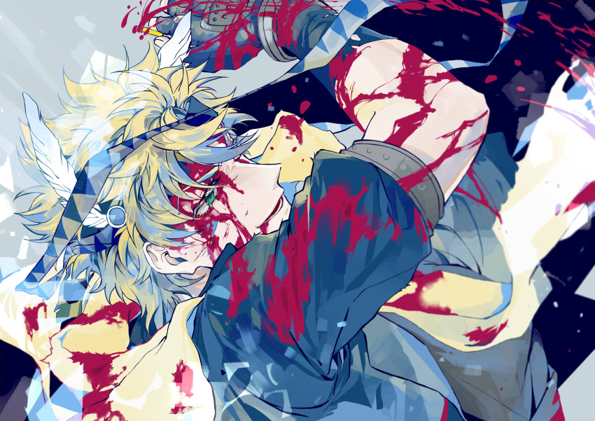 1boy absurdres battle_tendency bleeding blonde_hair blood blood_on_face blood_splatter bloody_clothes bloody_hands caesar_anthonio_zeppeli commentary eyebrows_behind_hair facial_mark feather_hair_ornament fingerless_gloves furrowed_eyebrows gloves green_eyes half-closed_eyes headband highres holding holding_ring injury jewelry jojo_no_kimyou_na_bouken male_focus nigelungdayo ring scarf short_hair short_sleeves smile solo sweat symbol_commentary torn_clothes torn_gloves triangle_print