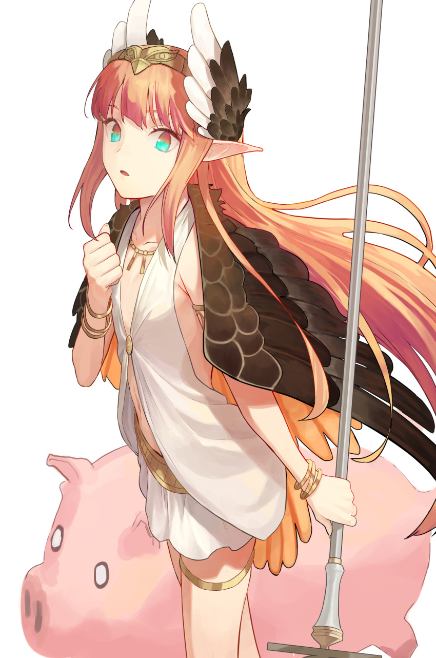 1girl 7aehyun aqua_eyes armlet bangs bare_shoulders belt breasts brown_wings circe_(fate/grand_order) collarbone fate/grand_order fate_(series) feathered_wings head_wings headpiece highres jewelry long_hair looking_at_viewer miniskirt necklace open_mouth pig pink_hair pointy_ears simple_background skirt small_breasts staff thighlet thighs white_background white_skirt wings