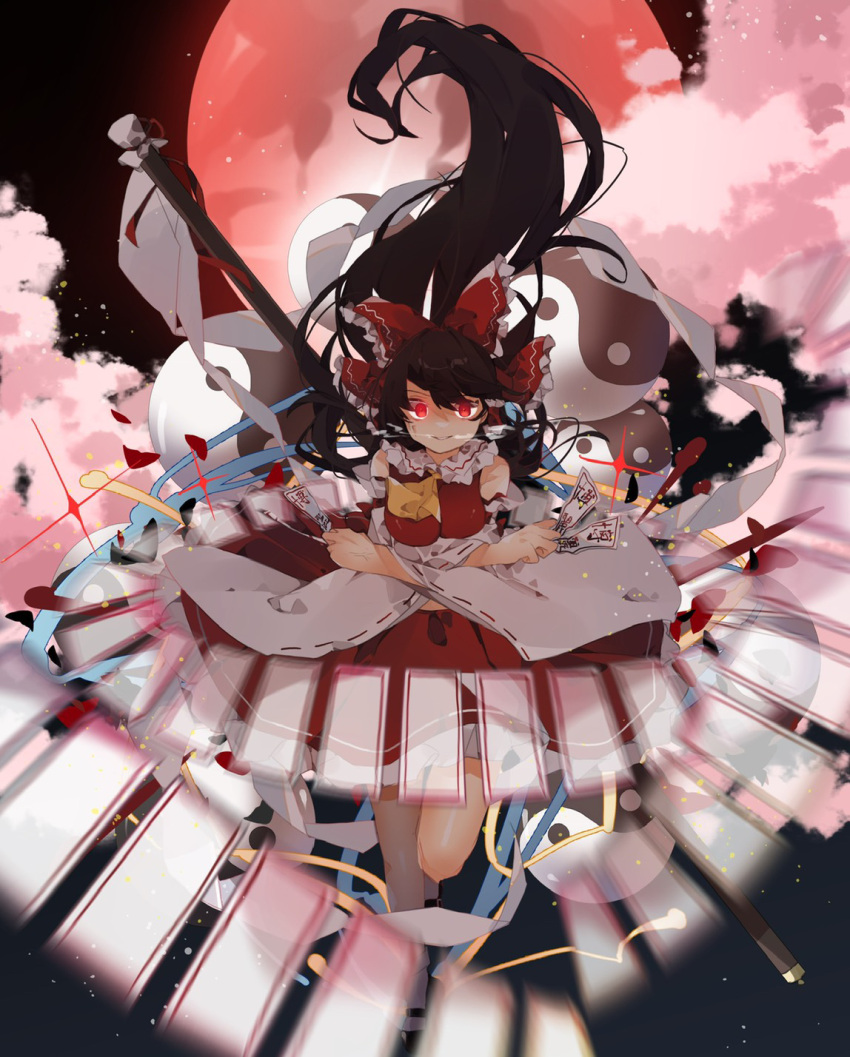 1girl ascot bangs bare_shoulders bobby_socks bow breasts brown_hair crossed_arms detached_sleeves floating_hair frilled_shirt_collar frills full_body full_moon glowing glowing_eyes gohei gominami hair_between_eyes hair_bow hakurei_reimu highres holding holding_paper knee_up long_hair looking_at_viewer mary_janes medium_breasts moon night night_sky ofuda paper parted_lips petticoat red_bow red_eyes red_moon red_skirt red_vest ribbon-trimmed_sleeves ribbon_trim shoes skirt sky smile smoke socks solo sparkle spell_card swept_bangs touhou very_long_hair vest wide_sleeves yellow_neckwear yin_yang