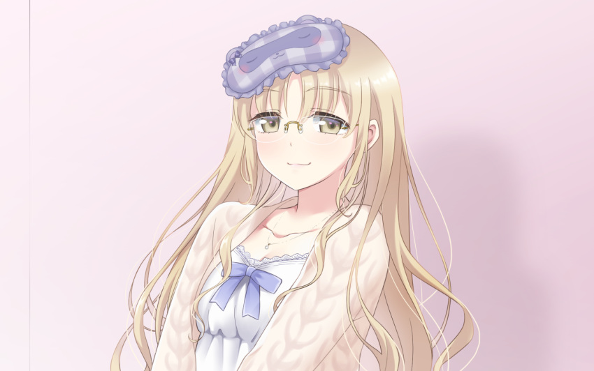 1girl bangs blonde_hair blush bow breasts brown_eyes closed_mouth collarbone commentary_request dress eyebrows_visible_through_hair glasses jacket long_hair looking_at_viewer mask mask_on_head nijisanji open_clothes open_jacket parted_bangs pink_background purple_bow shirihime sister_cleaire small_breasts smile solo upper_body virtual_youtuber white_dress white_jacket