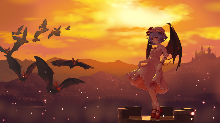 1girl backlighting bat bat_wings blue_hair bow dress hat hat_ribbon highres holding holding_clothes holding_skirt kenta-sagara light_particles mob_cap mountain mountainous_horizon petals pink_dress red_eyes red_footwear remilia_scarlet ribbon scarlet_devil_mansion short_hair skirt sky socks solo sunlight sunset touhou tree wallpaper wings