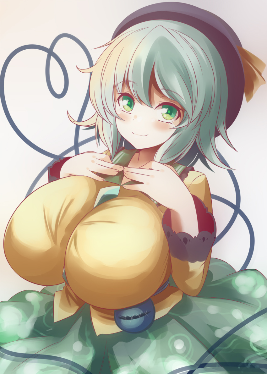 1girl alternate_breast_size black_headwear blouse blush breasts closed_mouth commentary_request eyeball eyebrows_visible_through_hair green_eyes green_hair green_skirt hands_on_own_chest hat hat_ribbon heart heart_of_string highres huge_breasts komeiji_koishi long_sleeves looking_at_viewer medium_hair ribbon simple_background skirt smile solo third_eye touhou upper_body white_background xialu_zajin yellow_blouse yellow_ribbon