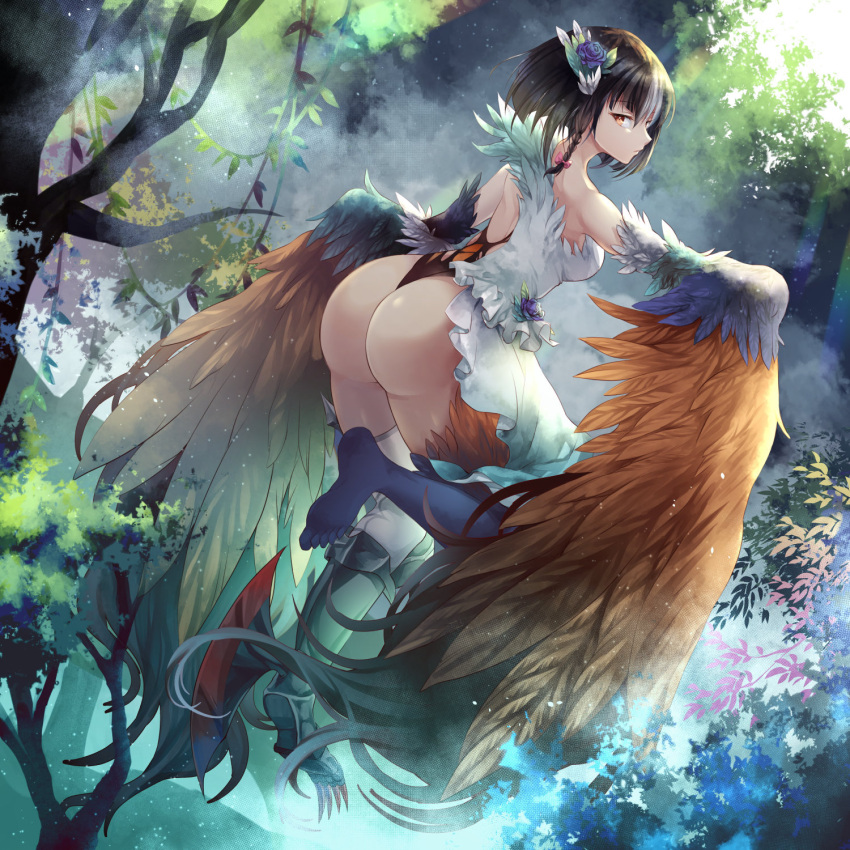 1girl armor armored_boots ass black_hair blade blue_flower boots braid breasts commentary_request dress eyebrows_visible_through_hair feathered_wings feathers flower forest greaves green_feathers hair_flower hair_ornament hair_ribbon harpy highres leg_blade light_rays lord_of_vermilion medium_breasts monster_girl nature orange_feathers pink_ribbon ribbon short_hair single_thighhigh solo sunbeam sunlight talons thigh-highs tree white_feathers white_legwear winged_arms wings yellow_eyes yue_(lov_n_n)