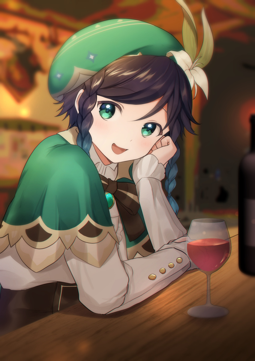 1boy :d absurdres alcohol arm_rest bangs bar black_hair blue_eyes blue_hair blurry blurry_background blush bottle bow braid brown_bow cape commentary_request counter cup drinking_glass eyebrows_visible_through_hair flower genshin_impact gradient_hair green_cape green_headwear hair_between_eyes hand_on_own_cheek hand_on_own_face hat hat_flower highres indoors kazehana_(spica) long_sleeves looking_at_viewer male_focus multicolored_hair open_mouth sidelocks sitting smile solo twin_braids upper_body venti_(genshin_impact) wine wine_bottle wine_glass