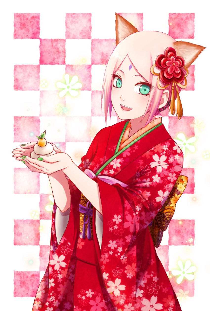 1girl :d animal_ear_fluff animal_ears back_bow bangs boruto:_naruto_next_generations bow checkered checkered_background facial_mark floral_print green_eyes green_nails haruno_sakura highres holding japanese_clothes kimono looking_at_viewer mochiii-s nail_polish naruto_(series) obi open_mouth parted_bangs pink_hair print_kimono red_kimono sash short_hair smile solo standing yukata