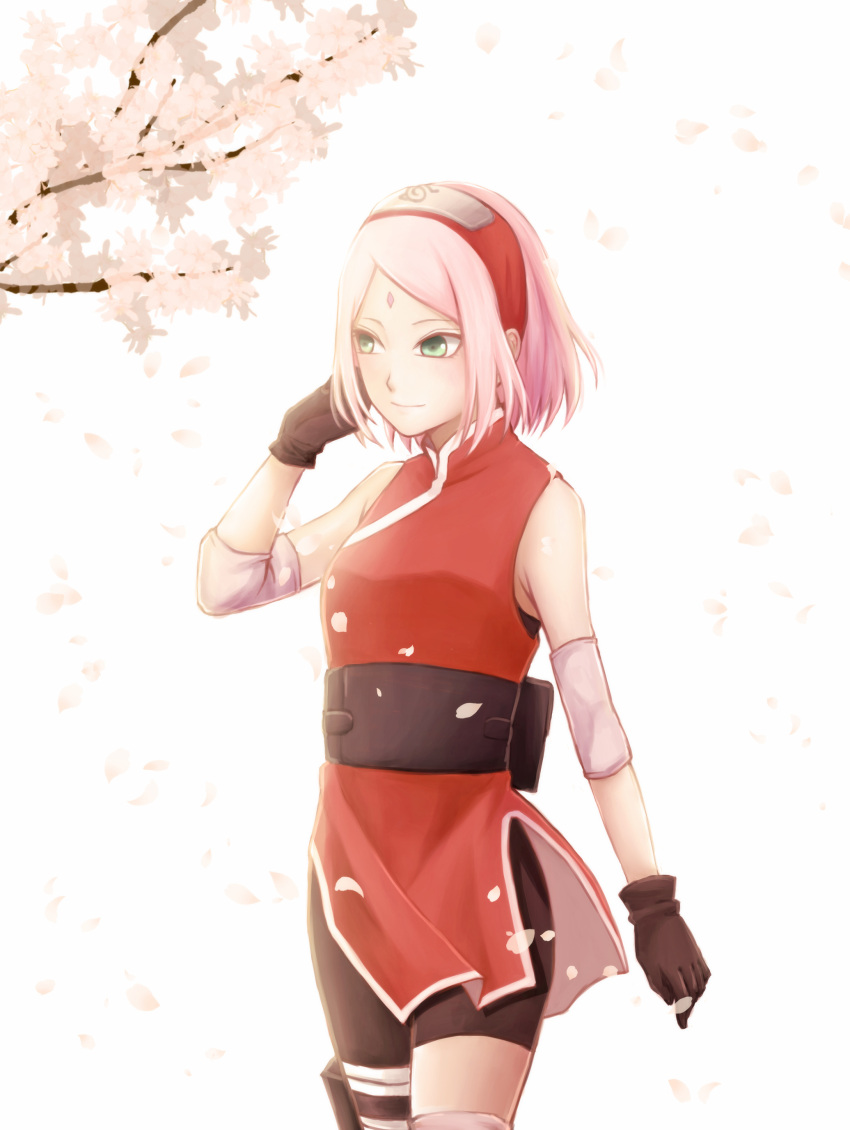 1girl absurdres bandaged_leg bandages bangs bike_shorts black_shorts boruto:_naruto_next_generations brown_gloves cherry_tree cowboy_shot facial_mark flower gloves hand_in_hair haruno_sakura headband highres jacket mochiii-s naruto_(series) parted_bangs pink_flower pink_hair red_headband red_jacket short_hair shorts simple_background sleeveless sleeveless_jacket solo standing white_background