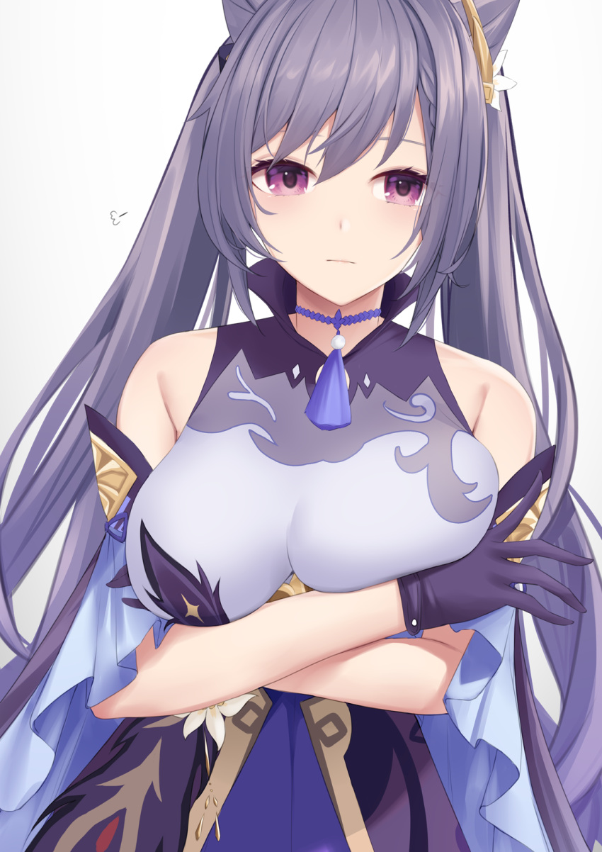 1girl arms_under_breasts bare_shoulders blush breasts choker closed_mouth commentary_request detached_sleeves double_bun dress fuurin_restia genshin_impact gloves hair_ornament highres keqing_(genshin_impact) large_breasts long_hair looking_at_viewer purple_choker purple_dress purple_gloves purple_hair short_sleeves simple_background solo tassel twintails upper_body very_long_hair violet_eyes white_background wide_sleeves