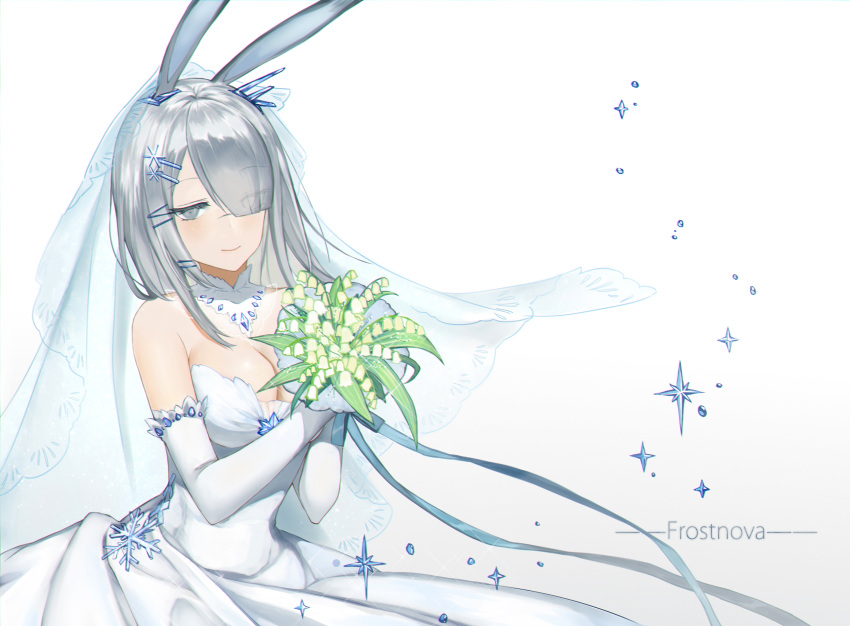 animal_ears arknights blue_background bouquet bridal_veil bride character_name diamond_(gemstone) dress elbow_gloves flower frostnova_(arknights) gloves gradient gradient_background hair_ornament highres holding holding_bouquet ice rabbit_ears scar scar_on_face scar_on_nose snowflake_choker snowflake_hair_ornament strapless strapless_dress veil wedding_dress white_background white_dress yu_ji_miao