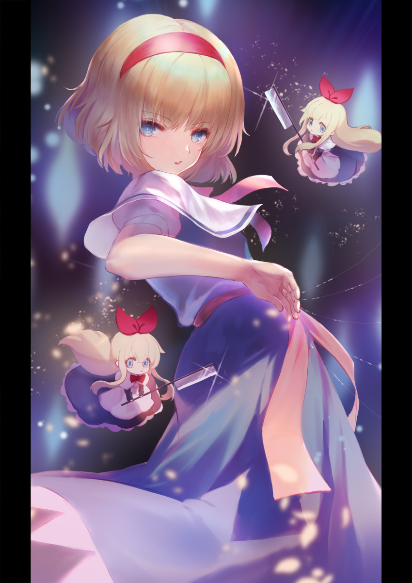 1girl :t alice_margatroid arm_at_side bangs blonde_hair blue_dress blue_eyes blunt_bangs blurry bob_cut bow bowtie bright_pupils capelet commentary doll dqn_(dqnww) dress dutch_angle eyebrows_visible_through_hair from_behind from_side glint hair_ribbon hairband hatchet highres holding holding_weapon light_particles long_dress long_hair long_sleeves looking_at_viewer looking_back neck_ribbon oriental_hatchet parted_lips pillarboxed pout puffy_short_sleeves puffy_sleeves puppet_strings red_bow red_hairband red_neckwear red_ribbon red_sash ribbon sash shanghai_doll short_hair short_over_long_sleeves short_sleeves sidelocks solo touhou twisted_torso weapon white_capelet white_pupils