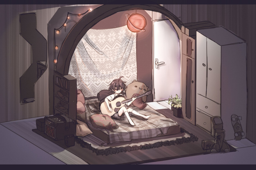 1girl acoustic_guitar ahoge amplifier_(instrument) bed blind_girl_(popopoka) blush brown_hair cabinet closed_eyes closed_mouth commentary english_commentary guitar highres holding holding_instrument instrument medium_hair music on_bed original parody pillow playing_instrument popopoka sitting smile socks solo white_legwear