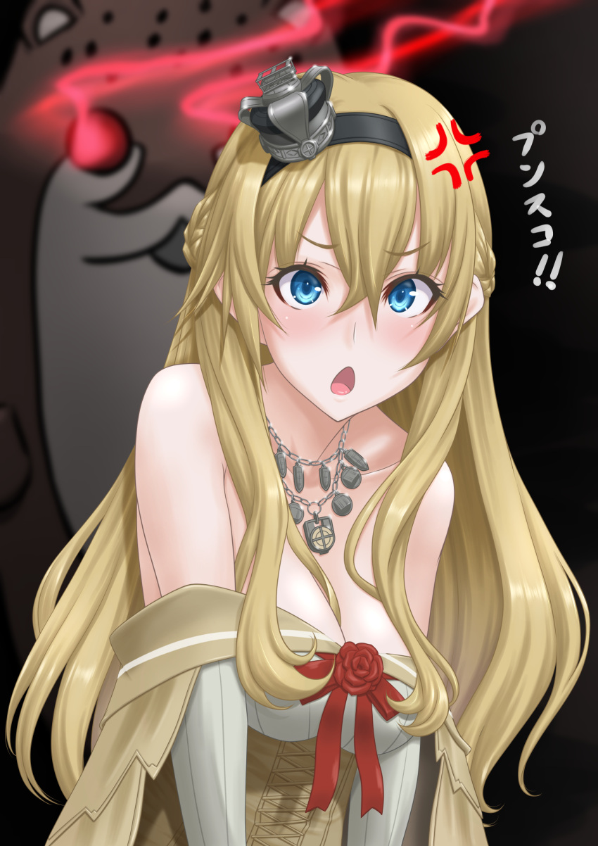 1girl anger_vein black_hairband blonde_hair blue_eyes bokukawauso braid commentary_request corset crown dress flower french_braid hairband highres jewelry kantai_collection long_hair long_sleeves looking_at_viewer mini_crown necklace off-shoulder_dress off_shoulder otter red_flower red_ribbon red_rose ribbon rose seiyuu_connection t2r translation_request uchida_shuu upper_body warspite_(kantai_collection) white_dress