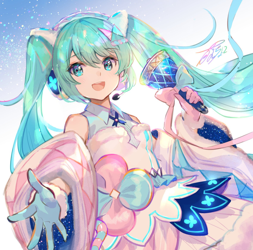 1girl bare_shoulders bell bow countdown detached_sleeves dress dress_bow floral_print fur-trimmed_dress fur-trimmed_sleeves fur_trim fuzichoco hair_ornament hairclip hatsune_miku headphones headset highres holding holding_bell long_hair looking_at_viewer magical_mirai_(vocaloid) open_mouth outstretched_arm signature smile solo twintails upper_body very_long_hair vocaloid white_dress wide_sleeves