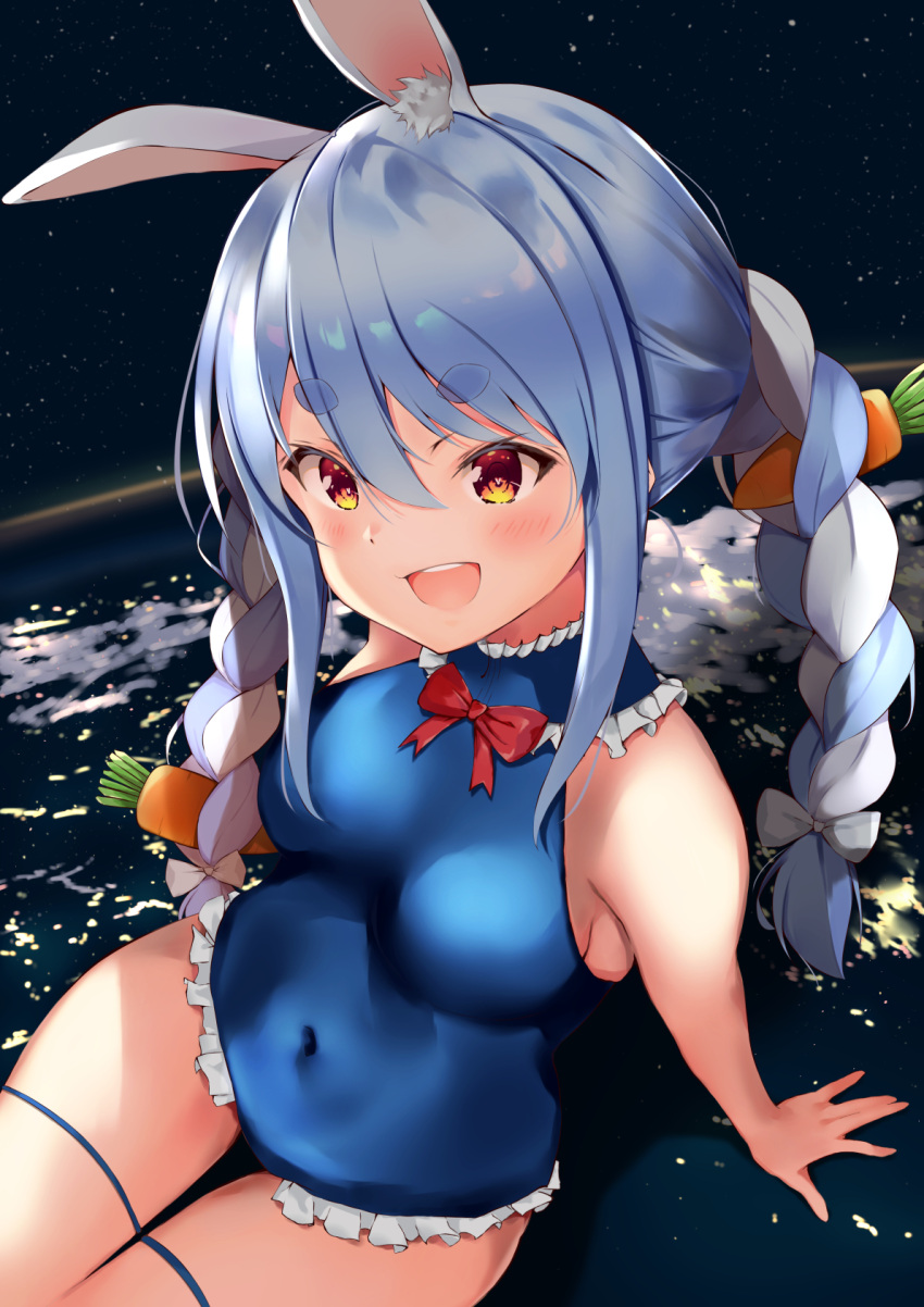 1girl animal_ear_fluff animal_ears blue_hair blue_swimsuit braid breasts carrot carrot_hair_ornament clouds cosplay covered_navel dead_or_alive eyebrows eyebrows_visible_through_hair food_themed_hair_ornament hair_ornament highres hololive long_hair marie_rose marie_rose_(cosplay) multicolored_hair neko_usagi_(nekousagi_jpn) one-piece_swimsuit open_mouth outdoors rabbit_ears rabbit_girl red_eyes sitting sky small_breasts smile solo star_(sky) starry_sky swimsuit thigh_gap thigh_strap thighs twin_braids twintails two-tone_hair usada_pekora virtual_youtuber white_hair