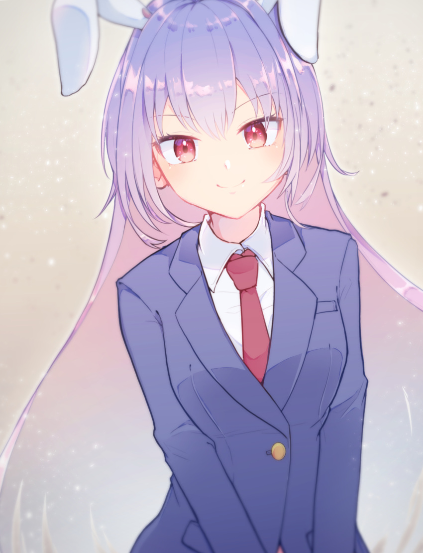 1girl animal_ears aoi_(annbi) bangs blazer blouse blue_jacket blush breasts buttons collared_blouse collared_shirt commentary_request eyebrows_visible_through_hair gradient_hair grey_hair highres jacket light_particles light_purple_hair long_hair long_sleeves looking_at_viewer multicolored_hair necktie pocket rabbit_ears red_eyes red_neckwear reisen_udongein_inaba shiny shiny_hair shirt sidelocks smile solo touhou upper_body v-shaped_eyebrows v_arms very_long_hair white_blouse white_shirt wing_collar