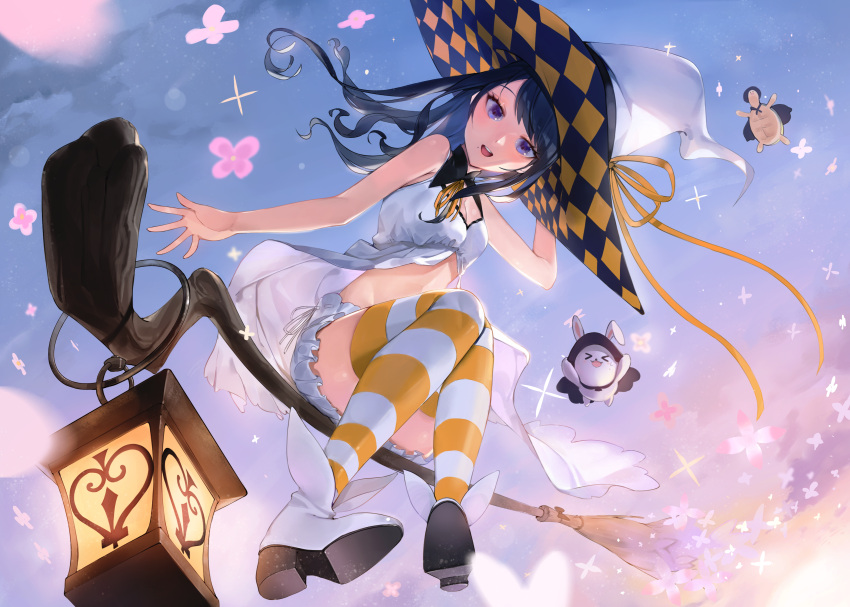 1girl absurdres animal bare_shoulders black_hair blush broom broom_riding checkered checkered_clothing checkered_headwear clouds flower flying hat highres idolmaster idolmaster_shiny_colors kazano_hiori lantern long_hair mole mole_under_mouth open_mouth outdoors pink_flower rabbit riding round_teeth sparkle striped striped_legwear teeth thigh-highs tongue turtle unchiganiowanai upper_teeth violet_eyes white_headwear witch witch_hat