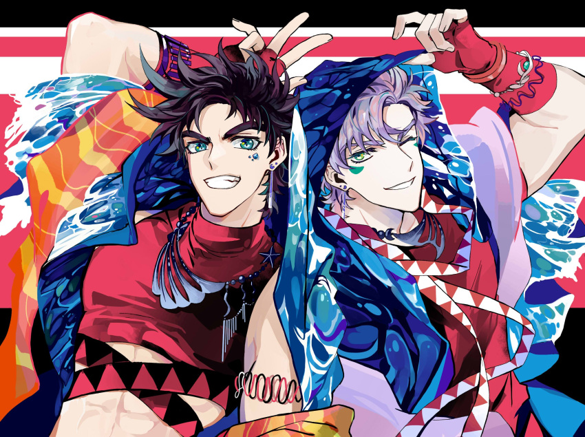 2boys abs adapted_costume alternate_costume alternate_hair_color alternate_headwear aqua_eyes armlet battle_tendency black_hair bracelet caesar_anthonio_zeppeli clothes_lift commentary crop_top earrings eyebrows_behind_hair facial_mark fingerless_gloves gloves grin headband_around_neck highres hood hood_lift jewelry jojo_no_kimyou_na_bouken joseph_joestar_(young) leaning_on_person looking_at_viewer male_focus midriff multiple_boys necklace nigelungdayo one_eye_closed red_gloves red_shirt shirt short_hair smile starfish symbol_commentary triangle_print upper_body w white_hair