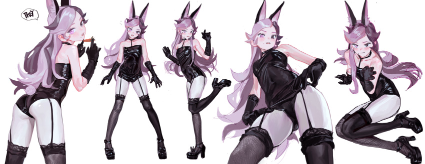 1girl adjusting_clothes animal_ears ass black_footwear black_gloves black_legwear black_leotard brown_eyes brown_hair bunny_tail carrot choker commentary elbow_gloves english_text eyelashes eyeshadow fishnets fkey food garter_straps gloves halterneck head_tilt high_heels highres holding holding_food leotard long_hair looking_at_viewer looking_back looking_down makeup mole multicolored_hair open_mouth original pantyhose playboy_bunny purple_hair rabbit_ears shiny shiny_clothes simple_background speech_bubble standing standing_on_one_leg sweatdrop tail thigh-highs two-tone_hair violet_eyes white_legwear