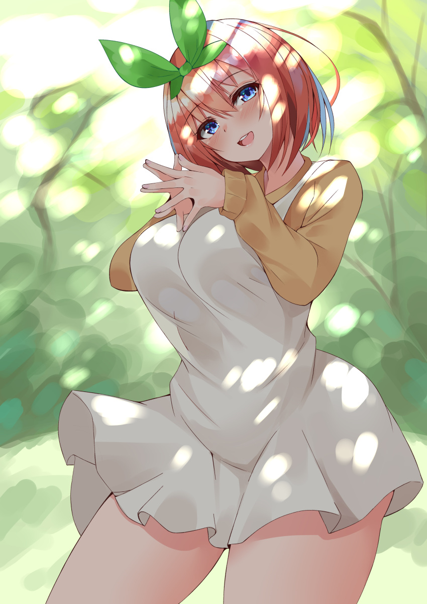 1girl absurdres bangs blue_eyes blush bob_cut breasts contrapposto cowboy_shot dress eyebrows_visible_through_hair fingers_together forest go-toubun_no_hanayome green_ribbon hair_between_eyes hair_ribbon head_tilt highres large_breasts long_sleeves looking_at_viewer mikoshiha nakano_yotsuba narrow_waist nature open_mouth orange_hair outdoors pinafore_dress ribbon short_dress short_hair solo sweater thick_thighs thighs upper_teeth white_dress wide_hips